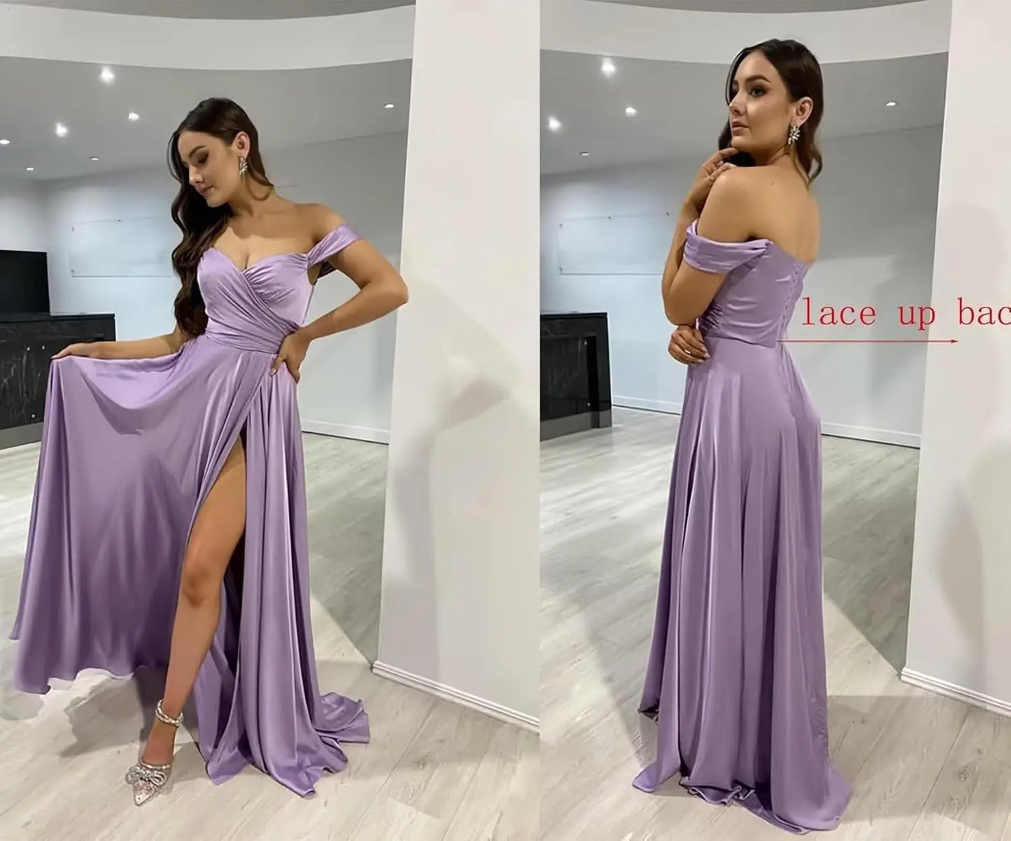 Women's Satin Prom Dresses Long Slit Formal Dresses Off Shoulder Evening Wedding Party Gowns Ruched Sweetheart Lace up Back
