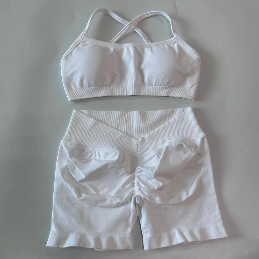 2 Pieces Set For Woman Clothes Seamless Scrunch Yoga Shorts Set Backless ktp Sports Bra Fitness Workout Top Gym Set Outfits