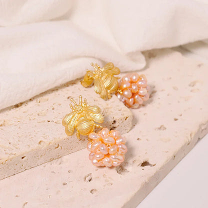 Bee And  With Natural Pearls Pearl Earrings 18K Gold Plated Jewelry Korean Designer Jewelry Earrings Gifts For Girlfriend