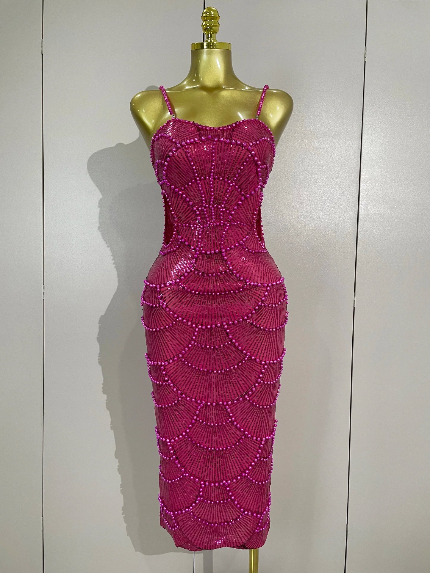 Women Hot Sale Sleeveless Sexy Strap Pearl Beading Sequins Bodycon Long Dress Celebrate Evening Party Birthday Outfit Vestido