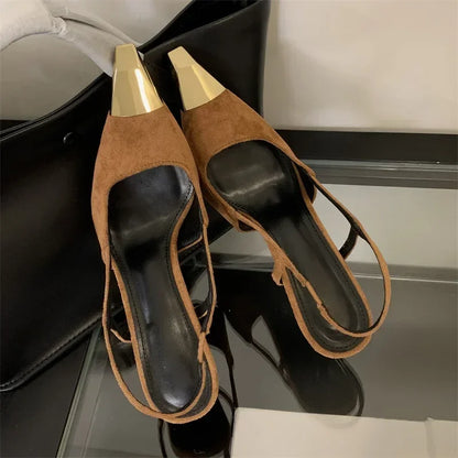 Street Style Sexy Pointed Toe Slingbacks Pumps Women Stripper Sandals High Heels Female Banquet Shoes Brown Kitten Heels