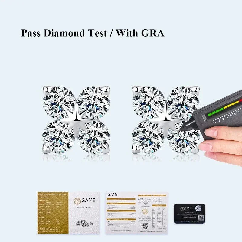 4-Stone Clover 0.8cttw Full D Color Moissanite Screw Earrings for Women Girls S925 Silver 3mm Pass Diamond Test Ear Stud