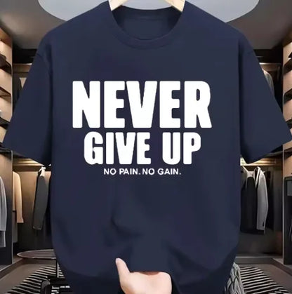 Men's Pure Cotton Fashionable Casual Loose  Sports Never Give Up Letter  Pattern Printed Round  Neck Short Sleeved  T-shirt Top.