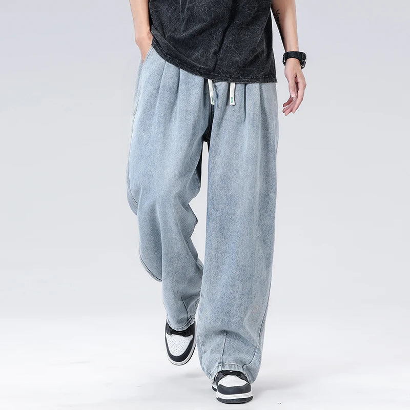 New Men's Elastic Waist Jeans Loose Wide Leg Casual Straight Long Trousers Comfortable Stretch Denim Pants Trendy Brand