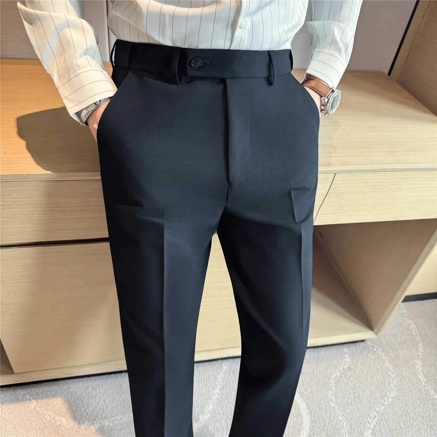 Autumn Winter High Quality Suit Pants Men Solid Color Elastic Waist Slim Fit Smart Casual Wrinkle Free Suit Trousers Mens Pant