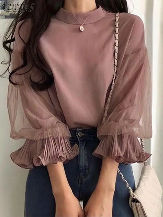 Women Elegant Party Blouse Vintage Mesh Ruffle 3/4 Sleeve Tops 2024 Autumn Stand Collar Shirts Korean Version Loose Tunic