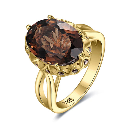Large 5.7ct Genuine Oval Smoky Quartz 925 Sterling Silver Big Gemstone Cocktail Statement Rings for Women Jewelry
