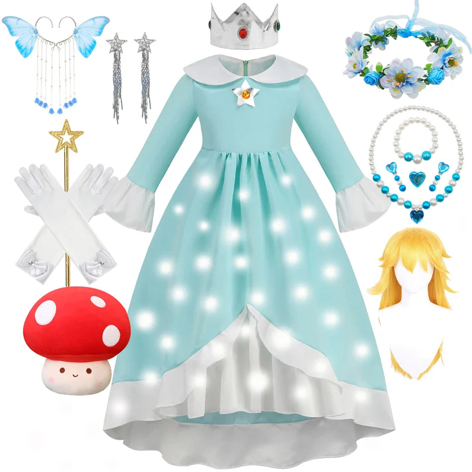 Rosalina Galaxy Princess Dress with Glowing Light Girls Game Role Play Princess Costume Halloween Rosalina Kids LED Light 10T
