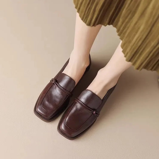 2024 Phoentin classic Loafers Women Genuine Cow Leather square Toe pumps Slip-on Retro Lady Casual cozy Shoes Handmade