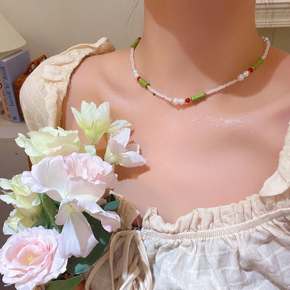 Romantic Niche Pink Sweet Flower Collarbone Chain Versatile Temperament Necklace Women's Pearl Fringe Collarbone Chain