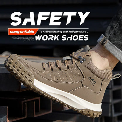 Men's four season work shoes with high top, comfortable soft sole, anti smashing steel toe safety shoes