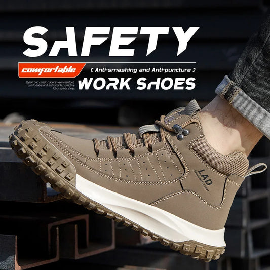 Men's four season work shoes with high top, comfortable soft sole, anti smashing steel toe safety shoes