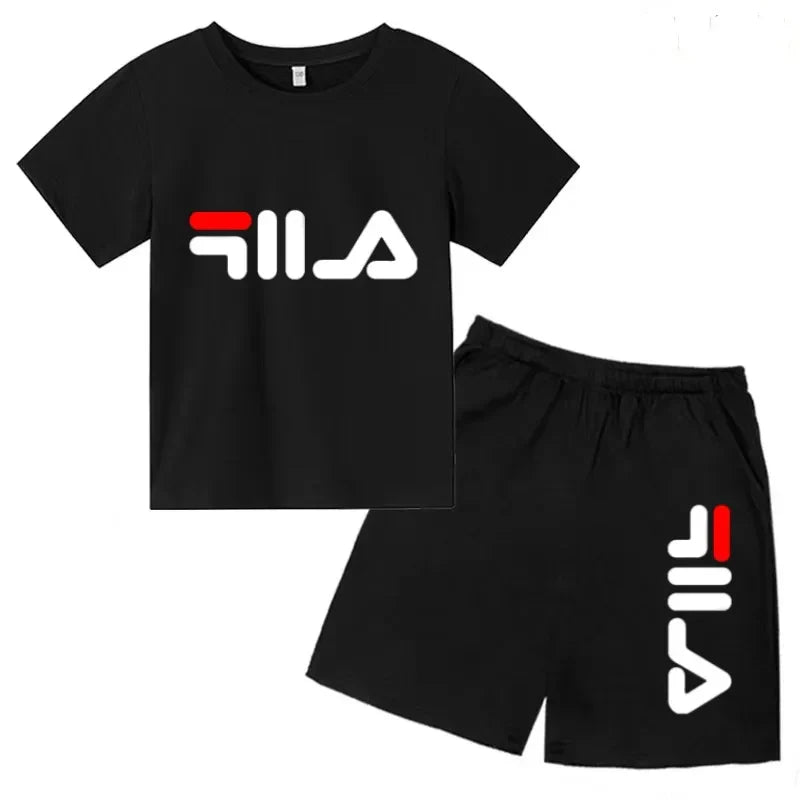 Kids Gift Sports Short-Sleeved Round Neck Black Letters Fashion White T-shirt+Shorts Summer Boy Girl Casual Outdoor Jogging Suit