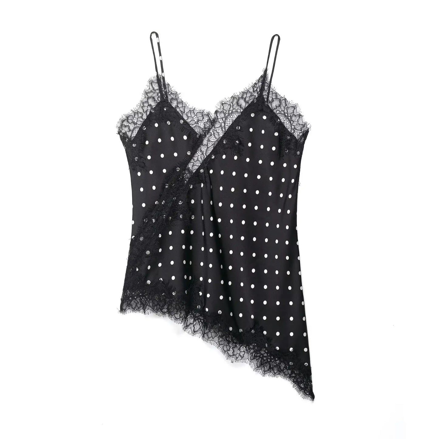 Women Elegant Polka Dot Lace Slip Tops Asymmetrical Hem Tanks Camis Summer Lady Sexy Lace Splicing Club Party Tops Camisole
