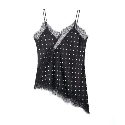 Women Elegant Polka Dot Lace Slip Tops Asymmetrical Hem Tanks Camis Summer Lady Sexy Lace Splicing Club Party Tops Camisole