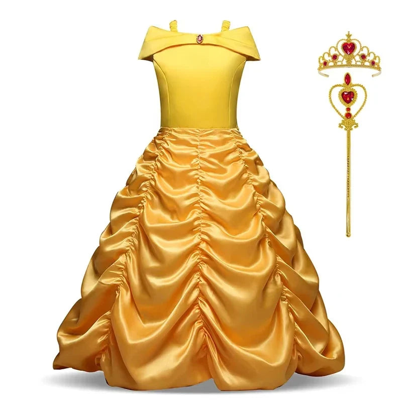 Girls Cosplay Belle Princess Dress for Kids Beauty and The Beast Costumes Children Birthday Party with Flower Clothes