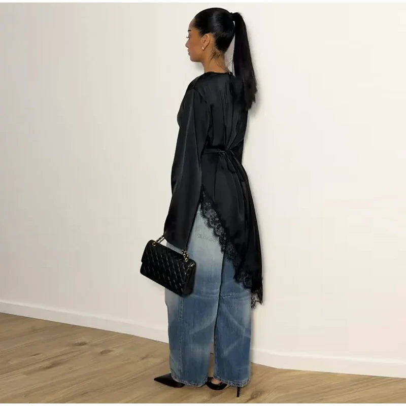 Women's Satin Blouse With Lace Trim Fashion O-neck Long Sleeve Lace Up Waist Irregular Tops 2026 Spring New Chic Lady Streetwear