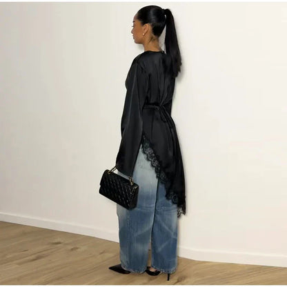 Women's Satin Blouse With Lace Trim Fashion O-neck Long Sleeve Lace Up Waist Irregular Tops 2026 Spring New Chic Lady Streetwear