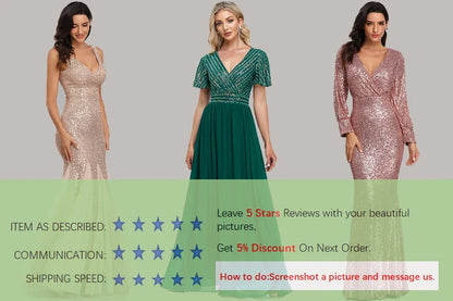 Women Elegant Short Sleeve Mermaid Glittering Sequin Long Prom Dress V With Zipper Back Formal Dress