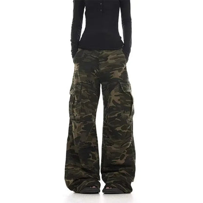 American retro washed design camouflage work pants for men and women, loose straight leg multi pocket wide leg casual paratroope