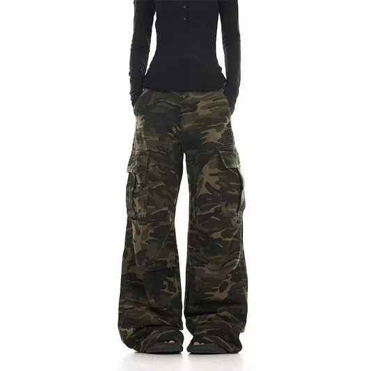 American retro washed design camouflage work pants for men and women, loose straight leg multi pocket wide leg casual paratroope
