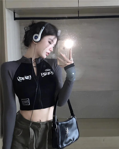 Retro Biker Half-High Collar Short-Length Zipper Jacket Y2K Spice Girl Slim-Fit Color-Blocked High-Waisted Long-Sleeve T-Shirt