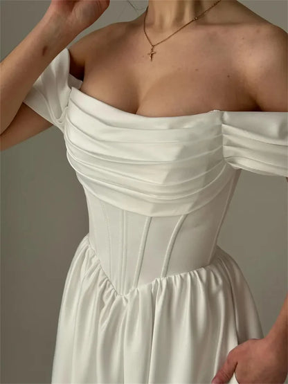 Popular Off The Shoulder Pleat Sweetheart Thick Satin A Line Wedding Dress V-shape Waistline Custom Made 2026 Rode De Morrie