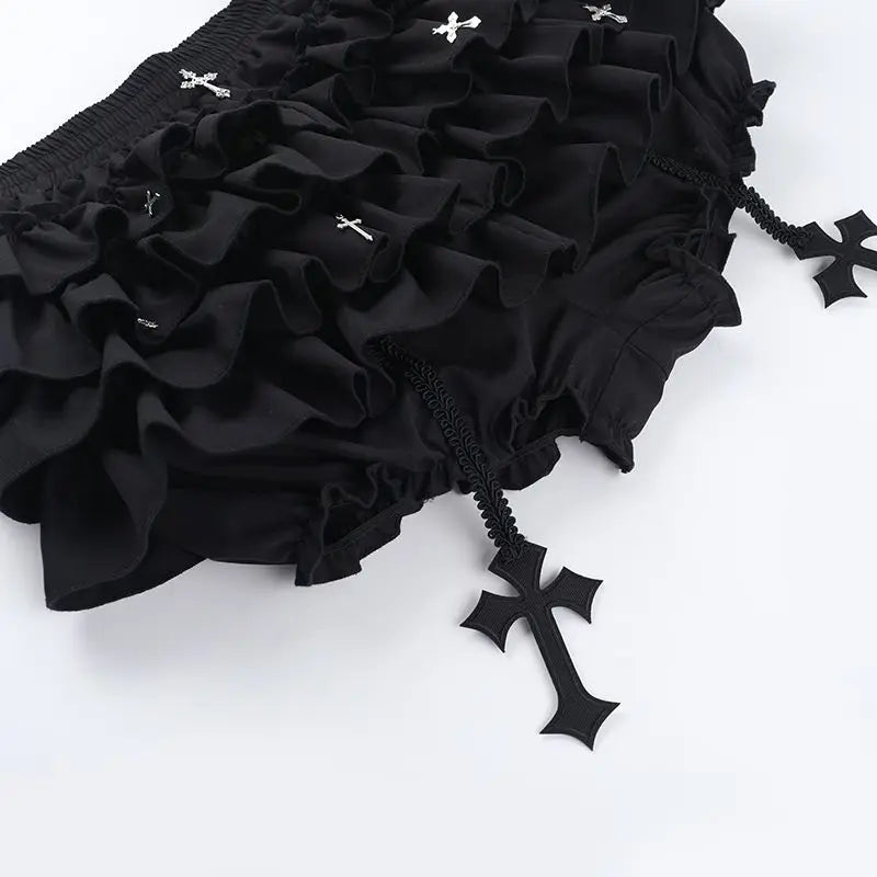 2026 Summer New Arrival Hot Girl Trendy Versatile Mini Skirt Dark Cross DesignTiered Cake Black Fluffy Skirts