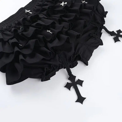 2026 Summer New Arrival Hot Girl Trendy Versatile Mini Skirt Dark Cross DesignTiered Cake Black Fluffy Skirts