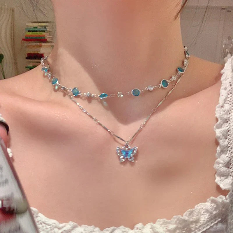 Romantic Blue Crystal Butterfly Necklace for Women Girls Simple Shiny Zircon Bilayer Choker Clavicle Chain New Fine Jewelry