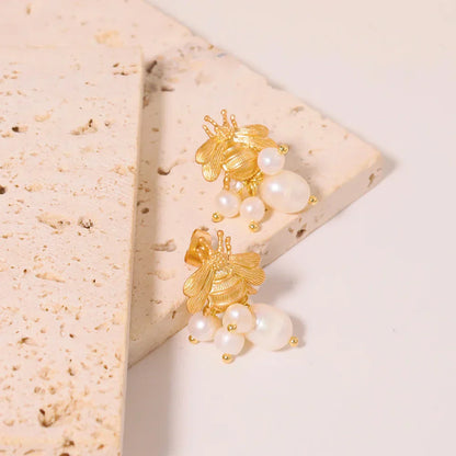 Bee And  With Natural Pearls Pearl Earrings 18K Gold Plated Jewelry Korean Designer Jewelry Earrings Gifts For Girlfriend
