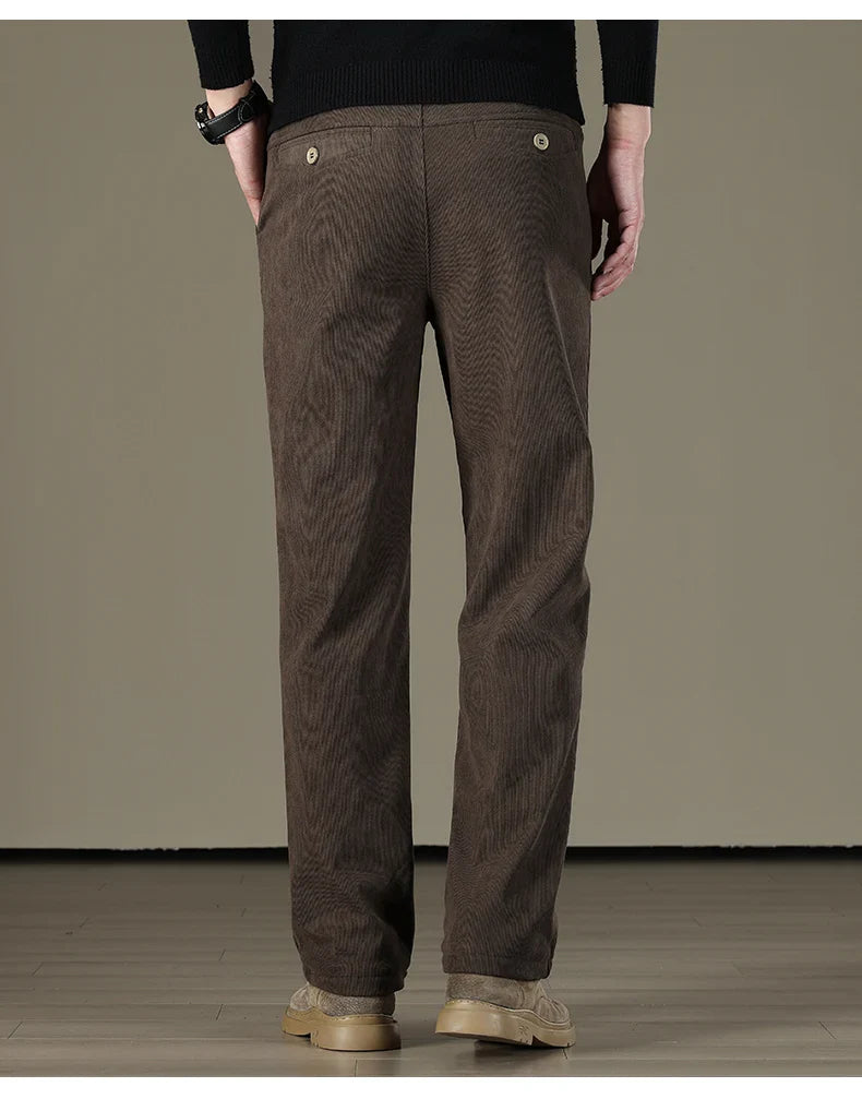 Winter Men Business Fleece Thick Casual Pants Straight Velvet Corduroy Warm Cold Resistant Bottoms Elastic Waist Trousers