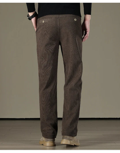 Winter Men Business Fleece Thick Casual Pants Straight Velvet Corduroy Warm Cold Resistant Bottoms Elastic Waist Trousers