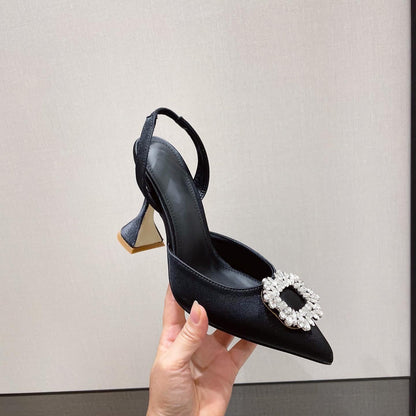 Brand Women Pumps Luxury Crystal Slingback High Heels Summer Bride Shoes Comfortable triangle Heeled Party Wedding Shoes