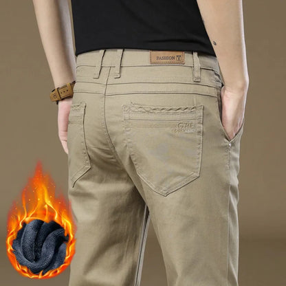 3 Colors Men's Fleece Casual Pants 97% Cotton Warm Velvet Elasticity Business Trousers Straight Fashion Korean Thicken Pants