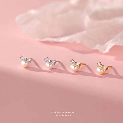 Korea Exquisite Vintage Zircon Pearl Bow Sweet Stud Earrings for Women 925 Sterling Silver Jewelry