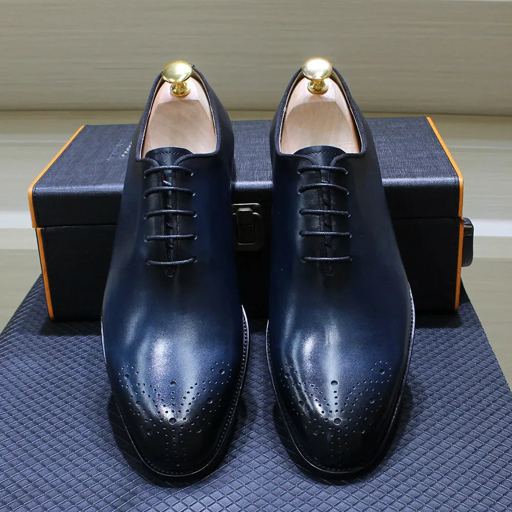 Genuine Leather Mens Formal Shoes Handmade Classic Whole Cut Oxfords Business Lace-up Plain Toe Wedding Dress Shoes for Men