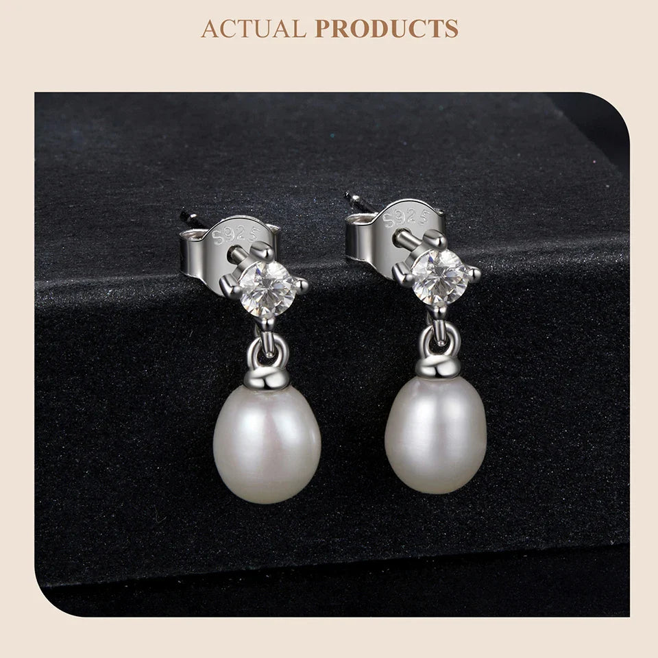 White Gold Plated Moissanite Freshwater Pearl Earrings for Women, 925 Sterling Silver Elegant Stud Huggies Christmas Gift