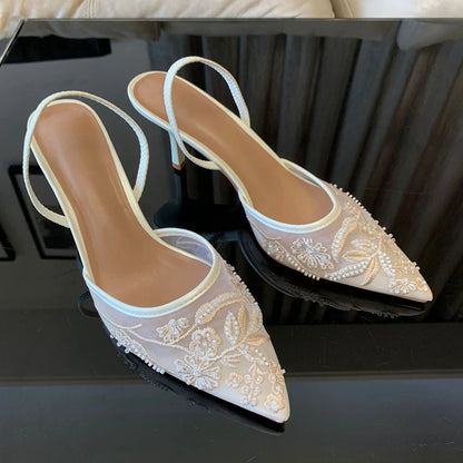 Summer Pointed Toe Mesh Embroider High Heels for ladies Elegant String Bead pumps Sexy Luxury Designer Shoe Brown Heeled Sandals