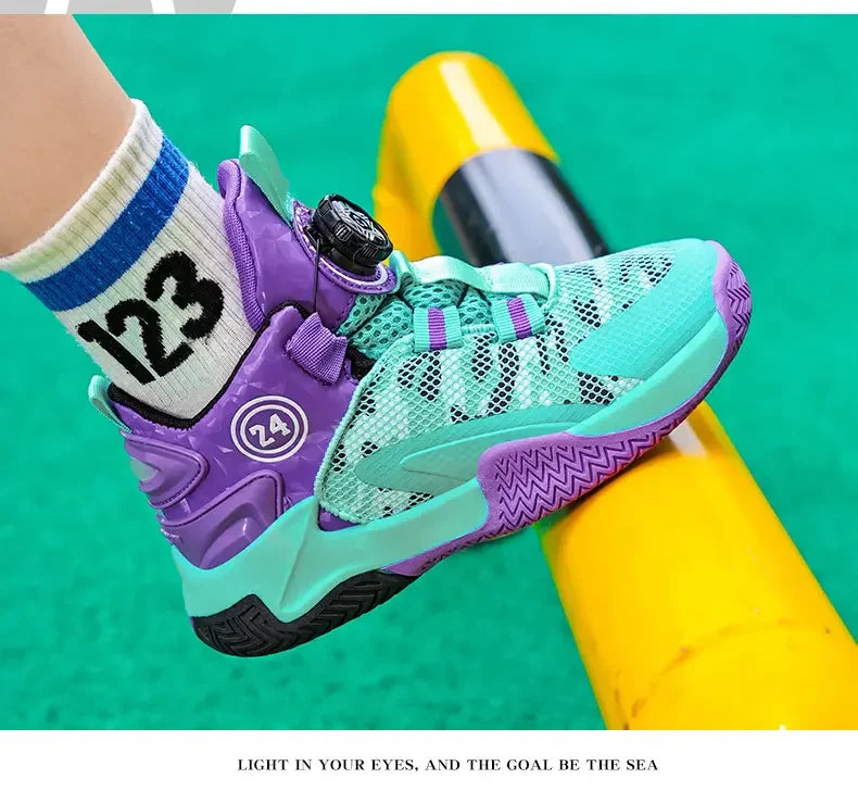Boys Girls Quick Twist Lace Basketball Shoes Wear Resistant Comfortable Outdoor Athletic Footwear