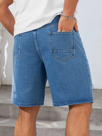 2026 Summer Men's Fashionable Blue Ripped Denim Shorts Loose Fit Non-stretch Fabric BlueWhite Simple Clean Cool Color Men Pants