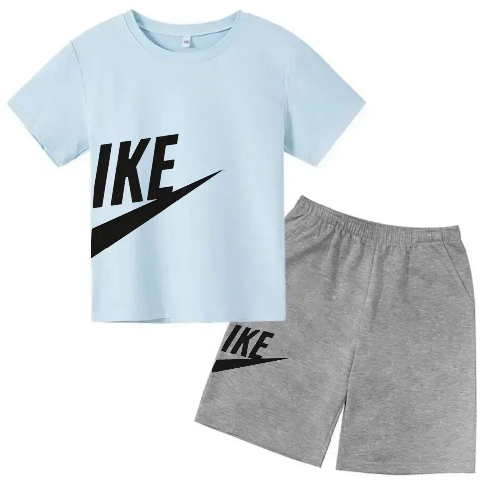 Fashion Sport 2Pcs Outfit, Printed Short Sleeve Tee and Shorts, Comfortable Summer Tracksuit for Boys Girls