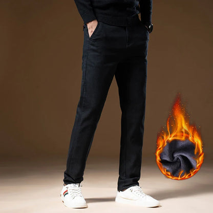 Korean Business Casual Fleece Men Pants Winter Thickened Straight Thermal Casual Pants Male Fashion Stretch Warm Velvet Trousers
