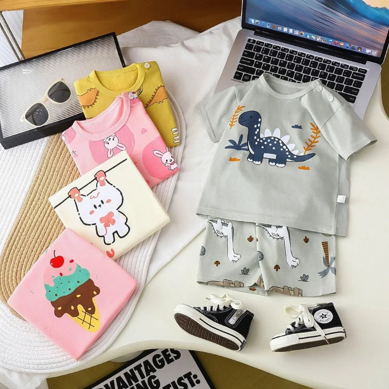 Kids Boys Short Sleeves Tees+Shorts 2-piece Clothes Set Cartoon Dinosaur Bear Summer Girls Soft Cotton Sports Casual Suit 1-6 Y