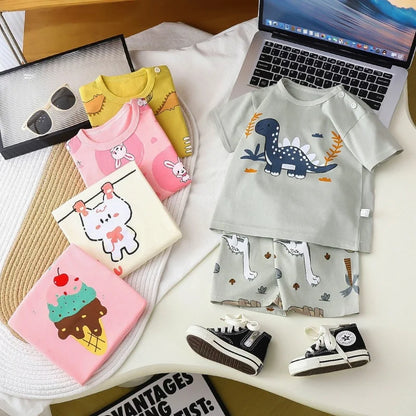 Kids Boys Short Sleeves Tees+Shorts 2-piece Clothes Set Cartoon Dinosaur Bear Summer Girls Soft Cotton Sports Casual Suit 1-6 Y