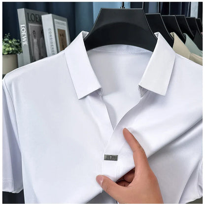 High quality ice silk short sleeve T-shirt men's lapel top trendy brand design cool silky breathable summer casual polo shirt