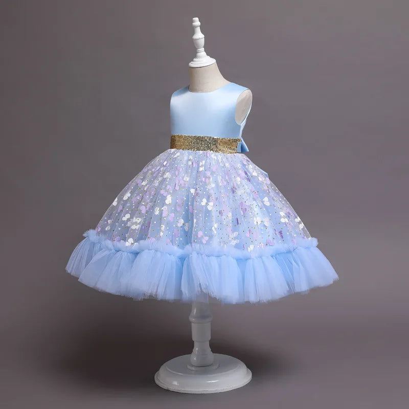 New Baby Kids Girls Elegant Printed Butterfly Flower Princess Party Tutu Dresses Children Sequins Wedding Evening Girl Clothes