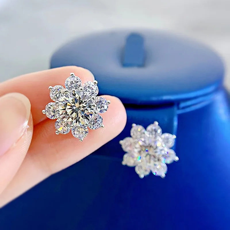 100% Real S925 Sterling Silver Floral Zircon Stud Earrings Women High Carbon Diamond Earring Ear Studs Fine Jewelry Gift