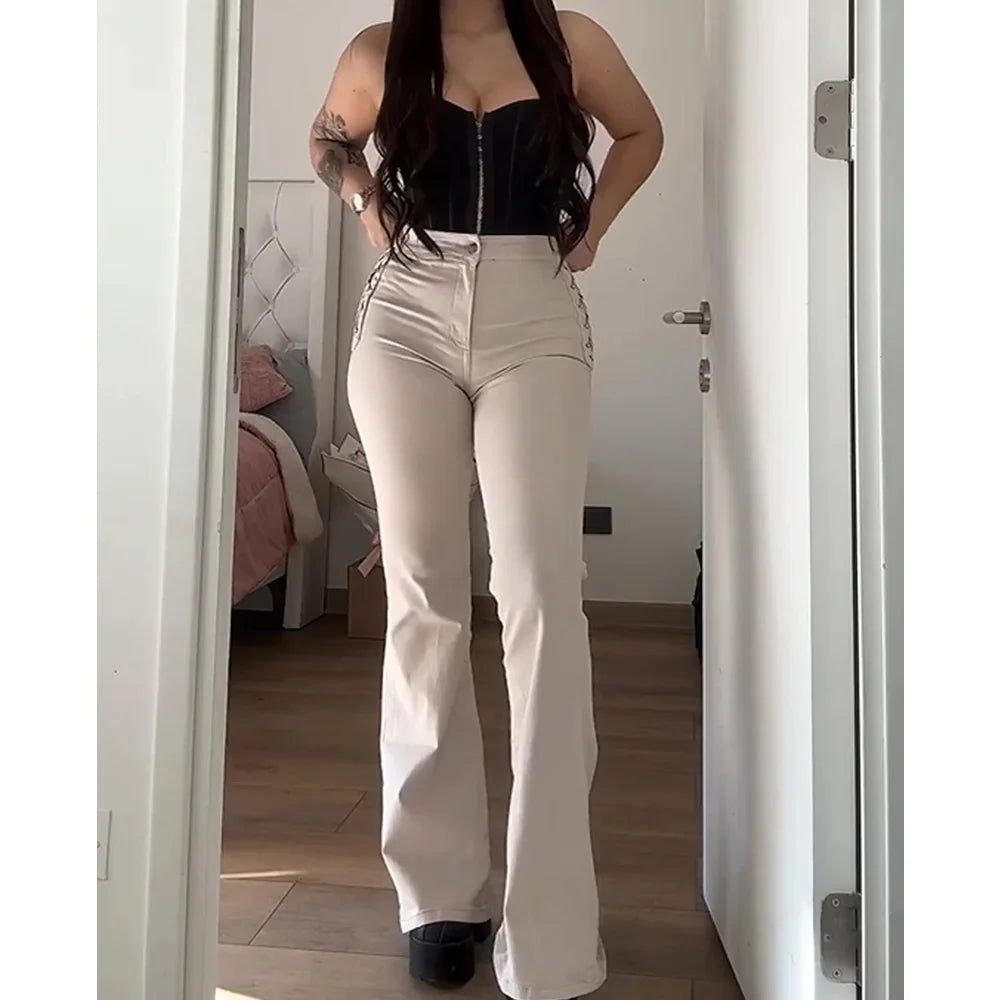 Women's Side Braid Flare Curvy Jeans High Waisted Bell Bottom Jeans Wide Leg Stretchy Elastic Denim Pants Plus Size