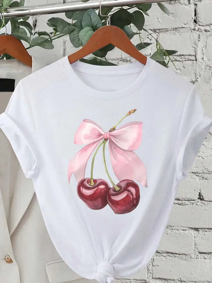 Fashion Cherry Print Women T-Shirt Short Sleeve Crew Neck Casual Tops for Summer Spring Women's Clothing Tops Tees